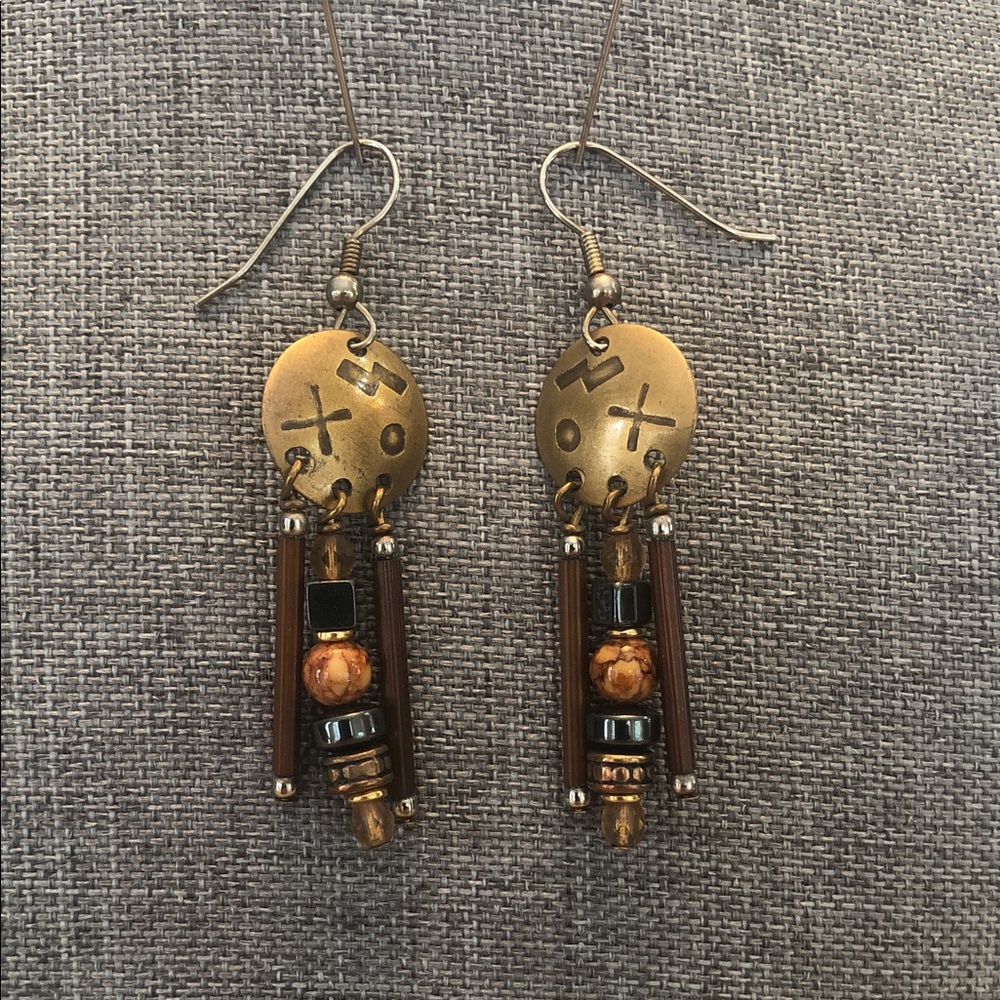 VINTAGE:  Southwest Native-inspired Bronze/Black/Brown Beaded Drop Earrings